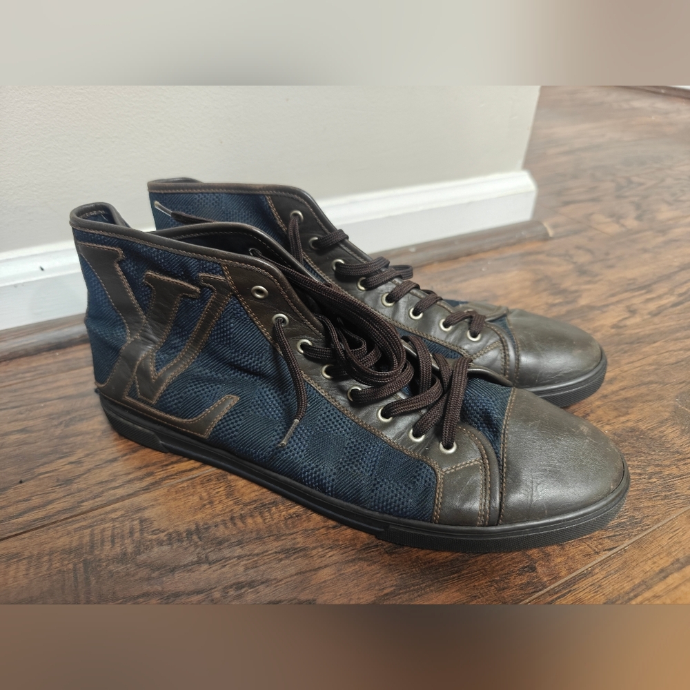 LOUIS VUITTON Brown/Blue Damier Ebene Canvas&Leather High Top Sneakers, Size 9.5